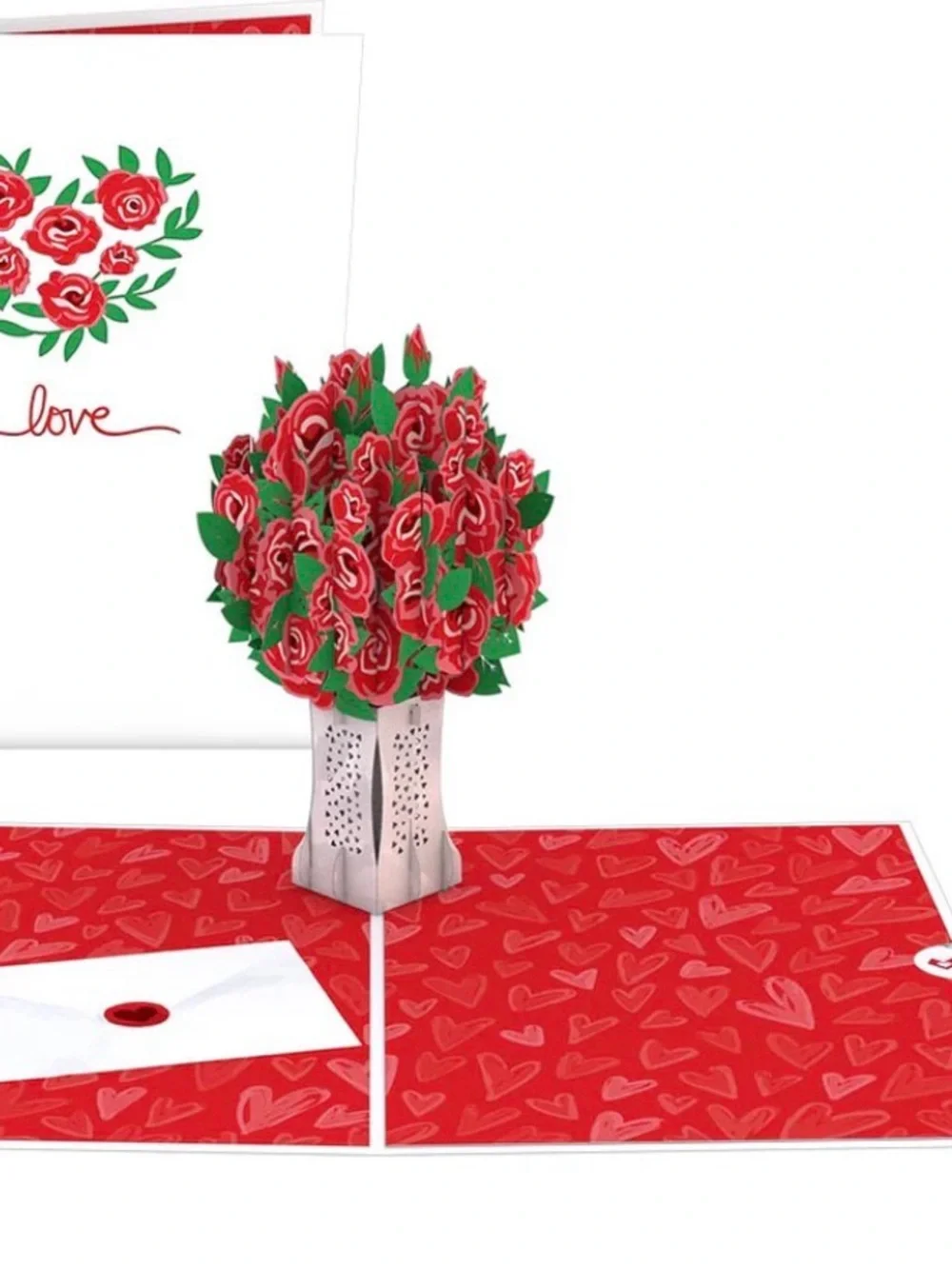 Love Pop-Up Rose Bouquet Card — Red and Green Floral Design